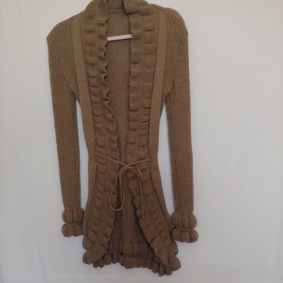 Sweaters Made In Italy Tan Sweater With Tie Ruffle Detail Down Front